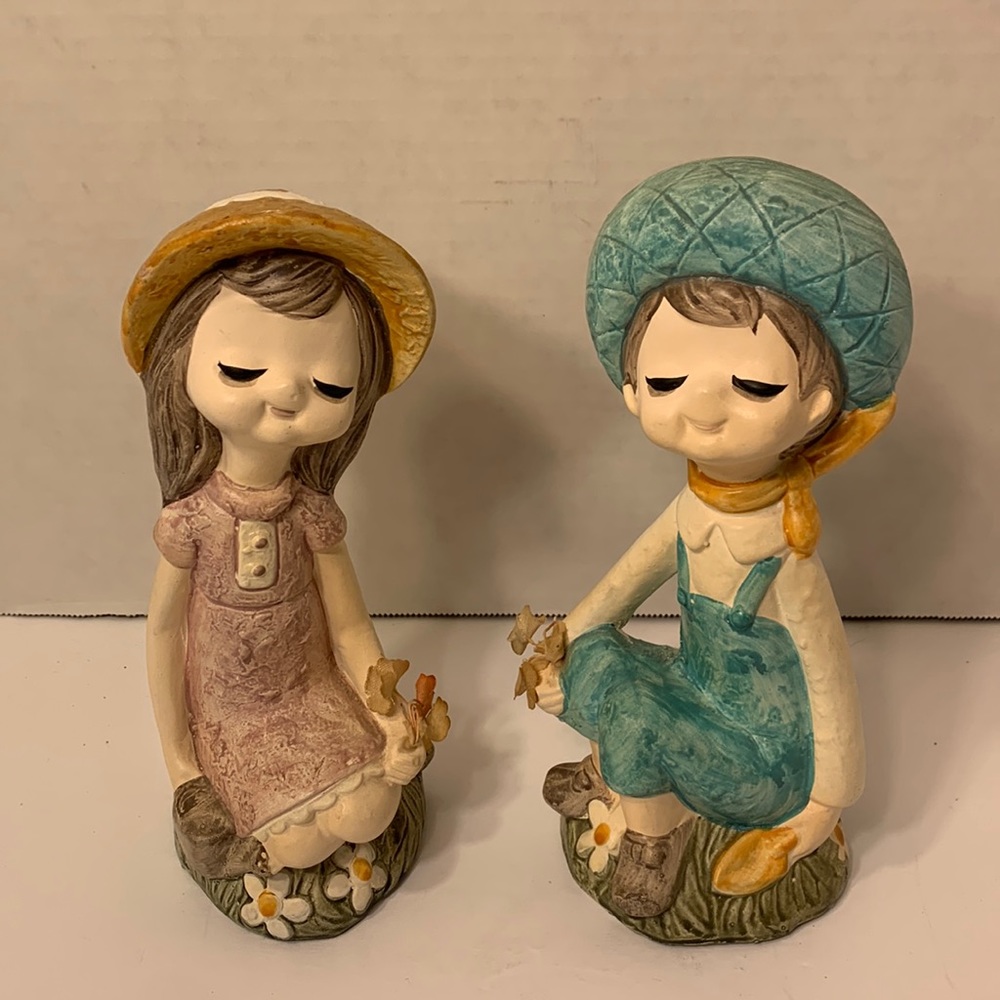 Vintage Pair of Norleans Boy and Girl Figurines Holding Flowers